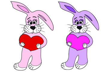 rabbit in two different colors ․ pink rabbit in the hand red heart, designed for Christmas, Valentine, March 8, clothing printing, postcard and other occasions ․
