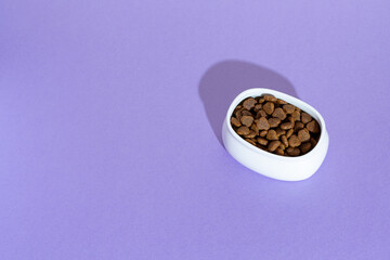 Top view of white bowl with dry kibble cat food on purple, lilac background