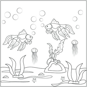 Fish Coloring Page Under Water With Bubbles
