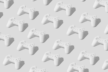 Monohromatick white pattern made of gamepad joystick on bright background. Minimal controller device for entertaimnet. Creative fun idea. 3d render. © Santijago