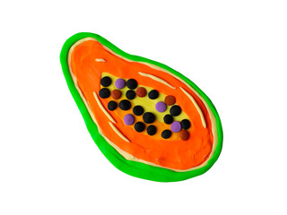 Cute handmade papaya slice cut fruit clay modeling childish illustrations isolated on white background.