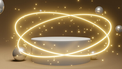 Glowing neon golden circle with sparkles in fog on gold podium. Empty golden cylinder podium with white border in sphere and ball halo circle on golden background.