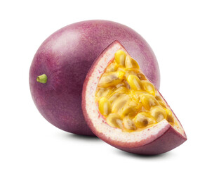 Passion fruit isolated. Ripe juicy passion fruit and passion fruit slices on a white background.