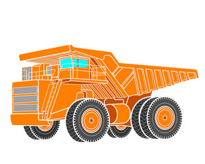 Large mining truck. Big yellow mining truck. Loading coal into the back of a truck. Production of minerals. Mining dump truck for transportation from a quarry. Vector illustration