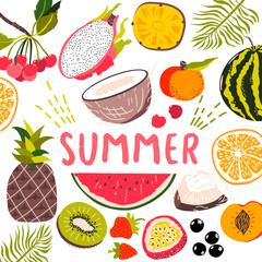 Summer background. Fresh tropical fruits, sliced pieces. Pineapple, kiwi, watermelon, coconut, dragon fruit. Lettering.