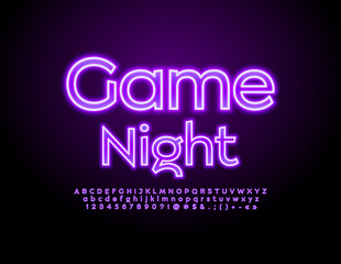 Vector Neon Sign Game Night. Bright Glowing Font. Artistic Alphabet Letters and Numbers set