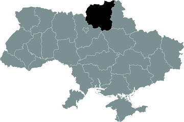 Black flat blank highlighted locator map of the Ukrainian administrative area of CHERNIHIV OBLAST inside gray flat map of UKRAINE