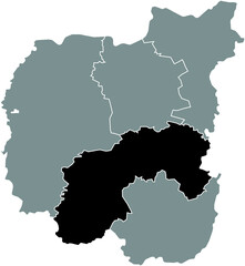 Black flat blank highlighted location map of the NIZHYN RAION inside gray raions map of the Ukrainian administrative area of Chernihiv Oblast, Ukraine