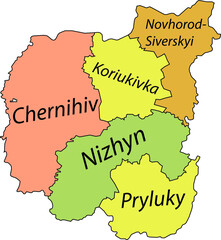 Pastel flat vector map of raion areas of the Ukrainian administrative area of CHERNIHIV OBLAST, UKRAINE with black border lines and name tags of its raions