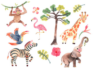 Safari collection with giraffe, monkey, zebra, elephant and toucan. Watercolor cute animals perfect for wallpaper, print, packaging, invitations.