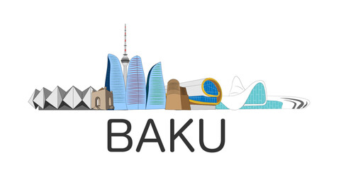 The main monuments of Baku, Azerbaijan. Vector illustration.