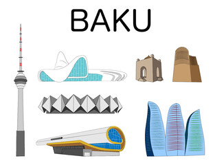 The main monuments of Baku, Azerbaijan. Vector illustration.