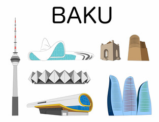 The main monuments of Baku, Azerbaijan. Vector illustration.