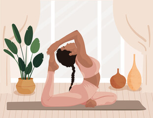 Woman faceless style, doing yoga poses practicing meditation and stretching on the mat at home. Young woman in home interior or studio doing yoga. Trendy flat vector illustration - obrazy, fototapety, plakaty