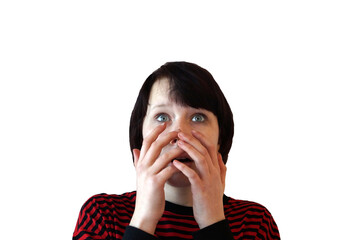 portrait of a frightened brunette teenager girl covering her face with her hands