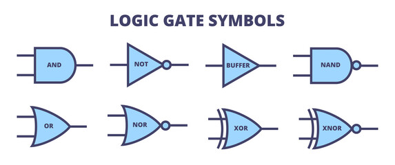 Vector set of logic gate symbols, symbols for logic gates. AND, NOT, Buffer, NAND, OR, NOR, XOR, XNOR. Line or outline blue icons isolated on a white background. Digital logic gates.