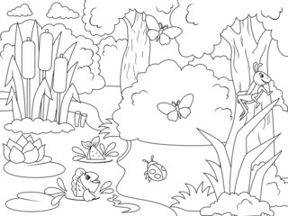 Bank of the river in the forest. Different characters, fish, insects and nature coloring book.