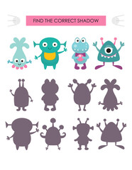 Space activities for kids. Find the correct shadow for space aliens. Vector illustration.