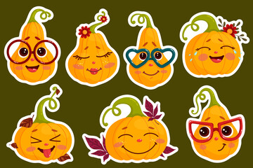 Set of stickers cute pumpkins,autumn characters.Cartoon vector graphics.