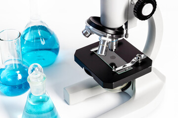 Close up of microscope equipment. Laboratory research concept