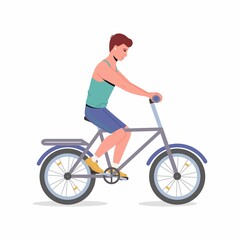 Young man rides bicycle. Vector trendy illustration. Activity and healthy lifestyle concept. Isolated on white