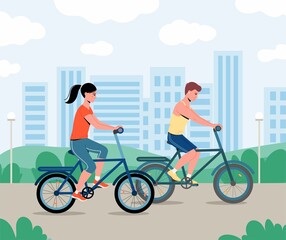 Couple are riding on bicycle on the urban lanscape background.
Man and woman spends time outdoors. Vector illustration of trendy happy man and woman cycling in summer park. Isolated on background