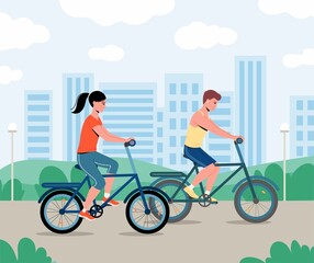 Fototapeta premium Couple are riding on bicycle on the urban lanscape background. Man and woman spends time outdoors. Vector illustration of trendy happy man and woman cycling in summer park. Isolated on background
