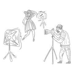 A man photographs a girl using a tripod lighting lamps. Isolated on a white background. Coloring book for kids.