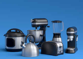 Obraz na płótnie Canvas Electric kitchen appliances and utensils for making breakfast on blue background