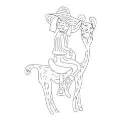 Fototapeta na wymiar A girl in a hat rides a short-cropped llama. Isolated on a white background. Coloring book for kids.