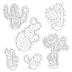 six original cacti. Isolated on a white background. Coloring book for kids.