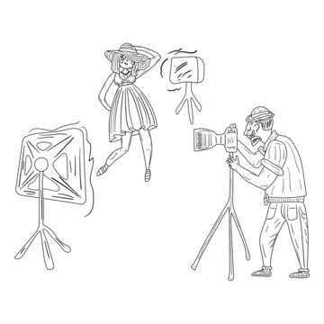 A man photographs a girl using a tripod lighting lamps. Isolated on a white background. Coloring book for kids.