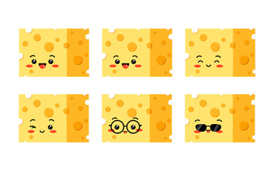 Cheese cube cute character with hole vector set isolated on white background. Funny cheese with sunglasses, smiling, winking flat design cartoon style illustration. Organic milk food mascot.