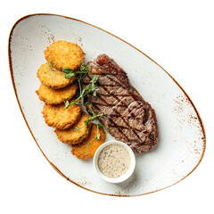 Isolated portion of grilled beef steak on white background