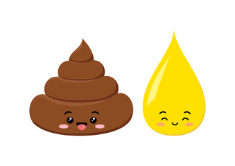 Poop and pee emoji cute smiling baby character cartoon emoticon isolated on white background. Kawaii funny heap of shit and urine drop with face. Flat design vector clip art illustration. - obrazy, fototapety, plakaty