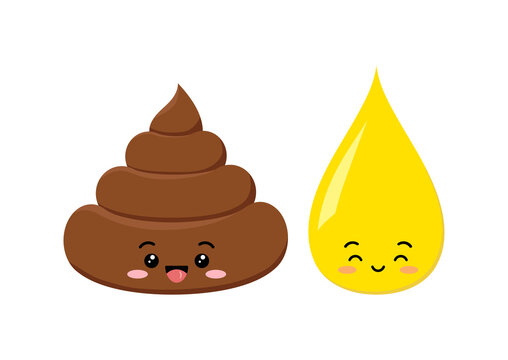 Poop and pee emoji cute smiling baby character cartoon emoticon isolated on white background. Kawaii funny heap of shit and urine drop with face. Flat design vector clip art illustration.