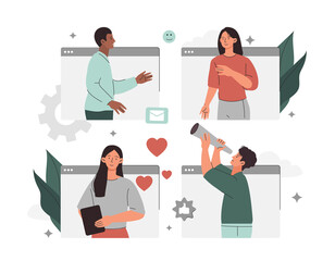 Concept of communication. Men and girls communicate in social networks. Friends and colleagues in video conference or call. Digital world and modern technologies. Cartoon flat vector illustration