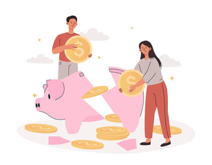 Economic crisis concept. Man and woman crash piggy bank. Young family takes coins from family budget. Poor couple uses reserves and savings, financial literacy. Cartoon flat vector illustration
