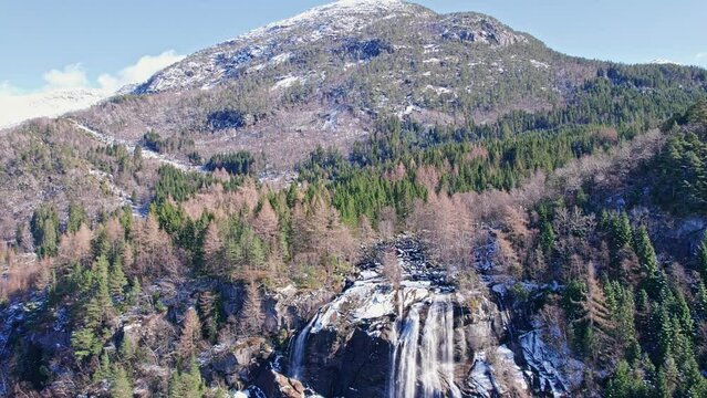 Aerial View Furebergfossen Waterfall And Bridge Above Hardanger Fjord Norway