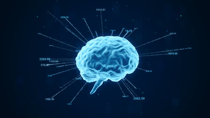 Human brain with data number analysis computation, neural network connections in digital artificial intelligence computer, abstract deep learning research 3d technology illustration