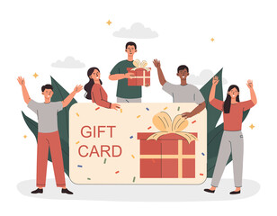 Gift card concept. Graphic elements for website. Special offers for buyers and users. Surprises, sales, promotions and discounts. Advertising poster or banner. Cartoon flat vector illustration