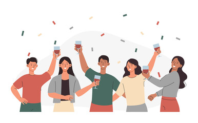 Happy group with confetti. Men and girls go to parties, celebrate birthday or other holiday. Rest after work, fun weekend, happy students with drinks in hands smiling. Cartoon flat vector illustration