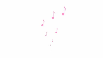 Animated pink notes fly from bottom to top. A wave of flying notes. Concept of music, song, melody. Vector illustration isolated on the white background.