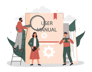 People with instruction. Men and girls with magnifying glass studying book with user manual. Modern technologies and digital wold, work with information concept. Cartoon flat vector illustration