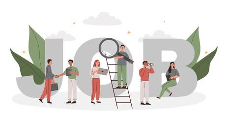 Concept of job. Employees with laptops and tablets smiling. Modern company or organization. Partnership and business meetings, entrepreneurs. Poster or banner. Cartoon flat vector illustration