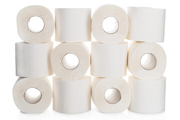 Several rolls of white toilet paper stacked in a checkerboard pattern on top of each other stand on a white background