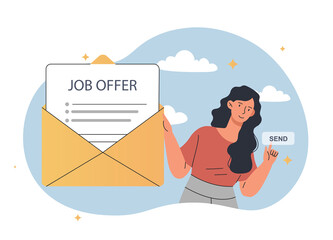 Job offer concept. Young girl trying to get into company. Job candidate, talented character. Modern technologies and digital world, electronic distance filing. Cartoon flat vector illustration