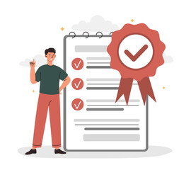 Product quality concept. Man checks product in accordance with requirements. Evaluation of goods of organization or company. Employee next to notebook with rules. Cartoon flat vector illustration - obrazy, fototapety, plakaty