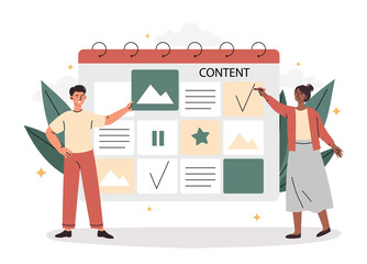 SEO planning concept. Man and woman fill website with interesting content. Modern technologies and digital world. SMM specialists promote website or page on Internet. Cartoon flat vector illustration