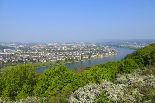 View of the city of Koblenz and the Rhine from the Ehrenbreitstein Fortress in spring